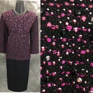 BEAUTIFUL St John knit black pink multi beaded embellished top skirt suit 10